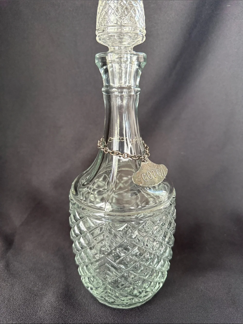 Clear Glass Scotch Decanter with Etched Diamond Pattern